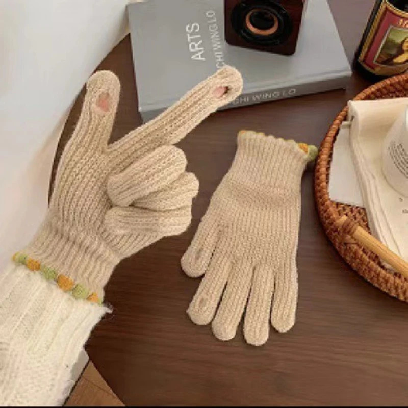 Korean INS-Style Womens Fleece-Lined Knitted Gloves for Winter - Warm Cute Touchscreen-Compatible Suitable for Cycling 251106