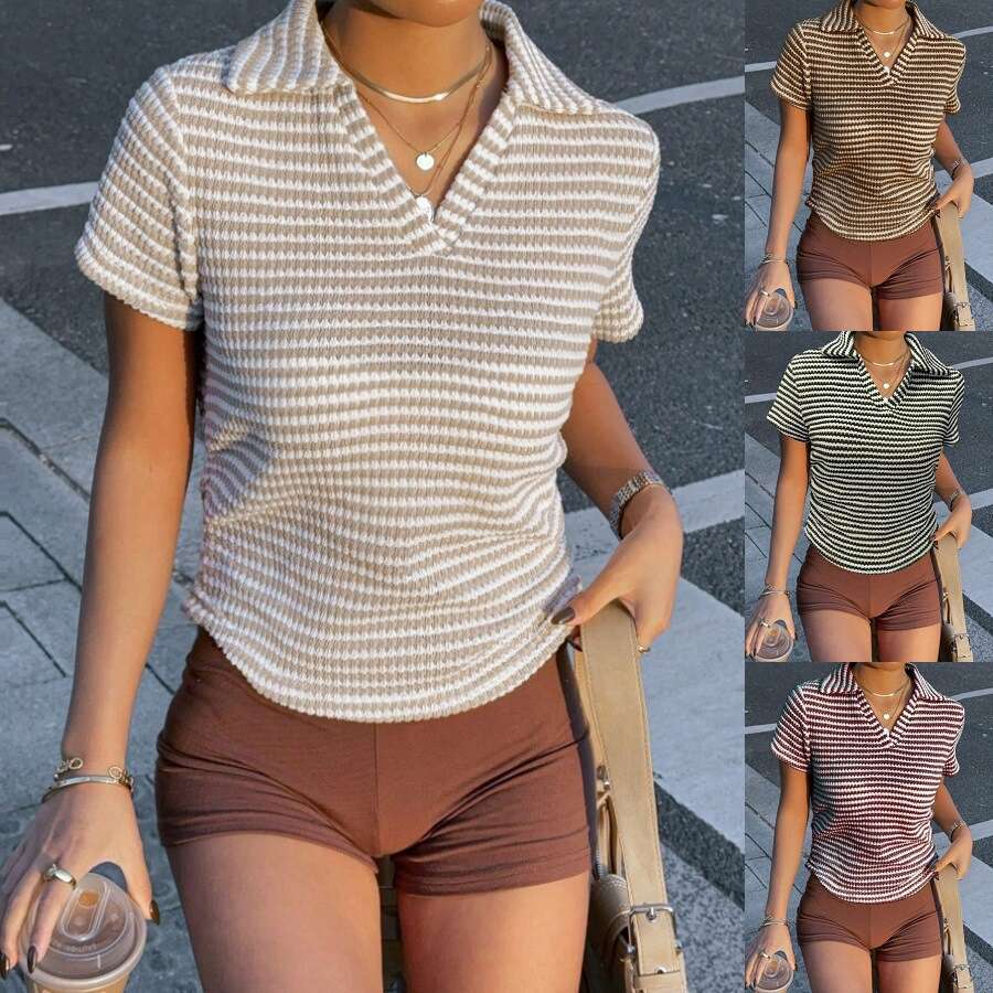 2025 European and American Cross-Border Women's Clothing Amazon Summer New Striped V-Neck Short Sleeve T-Shirt Casual Turn-Down Collar Polo Shirt