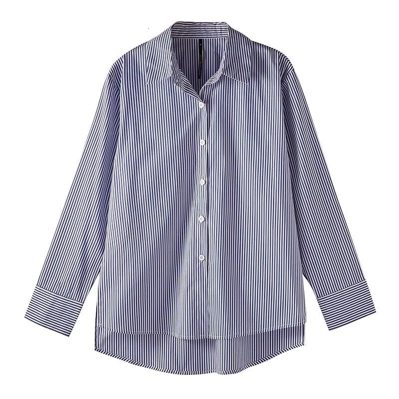 Classic striped womens spring and autumn shirt womens long lantern sleeves stand up collar loose blue top 250409