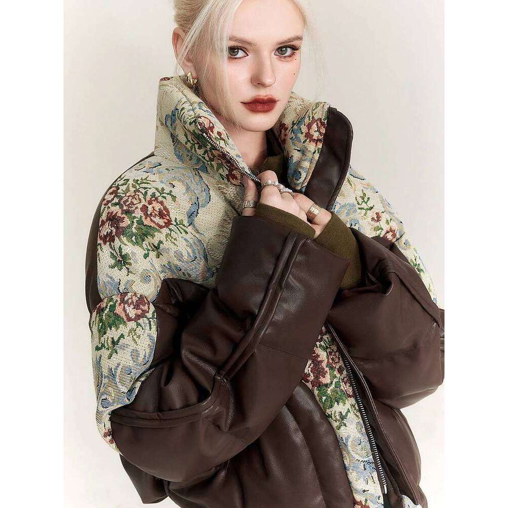 Vintage Coat Women's Winter Waterproof Embroidered Jacquard Jacket Down Thick Warm Outerwear PU Leather Parka