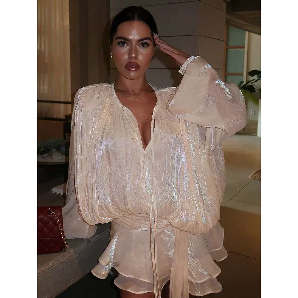 Elegant Solid Blouse Mini Dresses For Women V Neck Long Sleeve Spliced Lace Up Sweet Style Dress 2025 New Street Party Vestidos