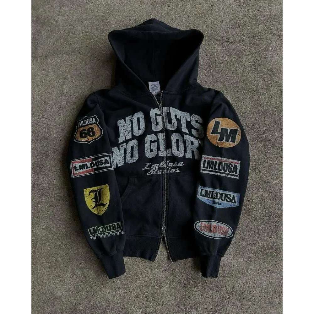 New Motorcycle Style Haruku Letter Printed Hoodie Retro Gothic High Street Men And Women Casual Loose Sweatshirt