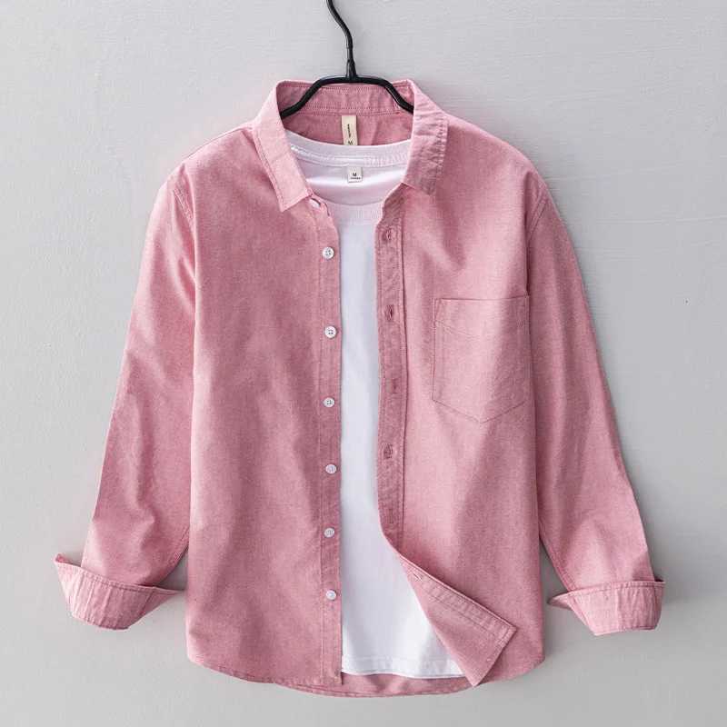 2024 Spring Pink Mens Casual Slimming Shirt 100% Cotton Oxford Long Sleeve Mens Retro Dress X250410