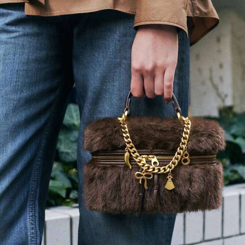 Faux Mini Box Bags For Women Luxury Designer Handbag And Purse 2025 New In Polyester Imitation Rex Rabbit Fur Chain Shoulder