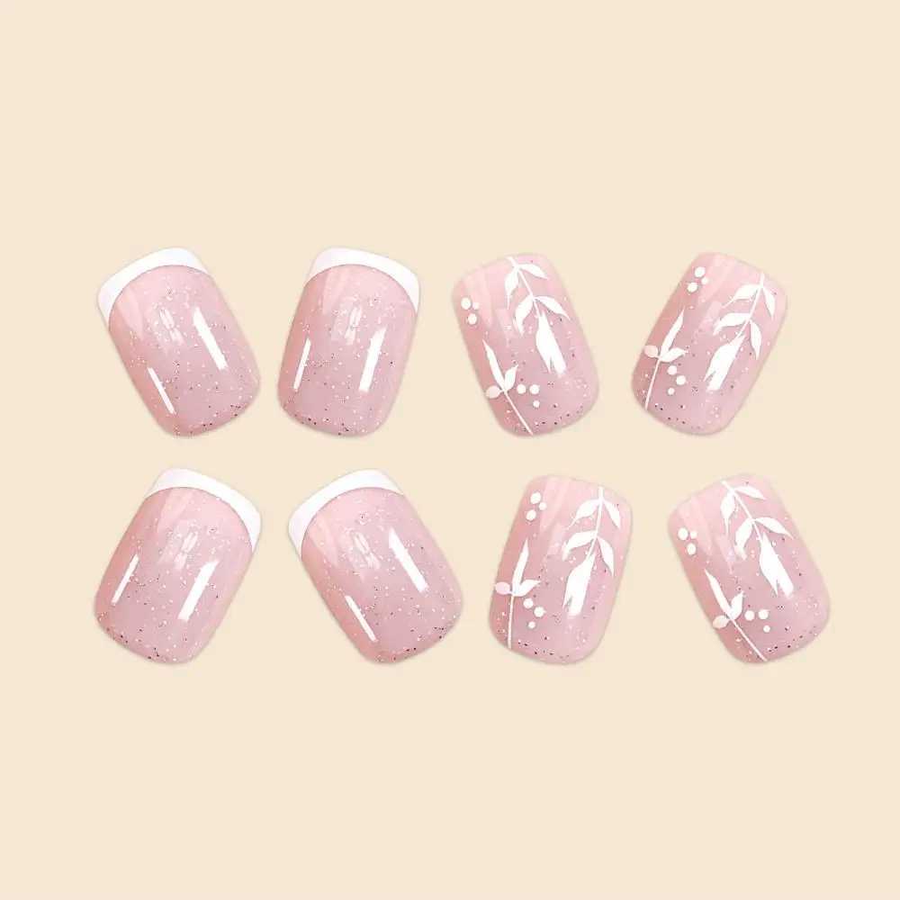 24 pieces/set short size French simple sparkling pink leaf girl fully covered wearable fake nails W250410