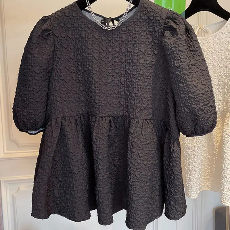 Womens clothing pleated loose pleated fashionable top summer short sleeved O-neck solid plus size casual T-shirt 250410