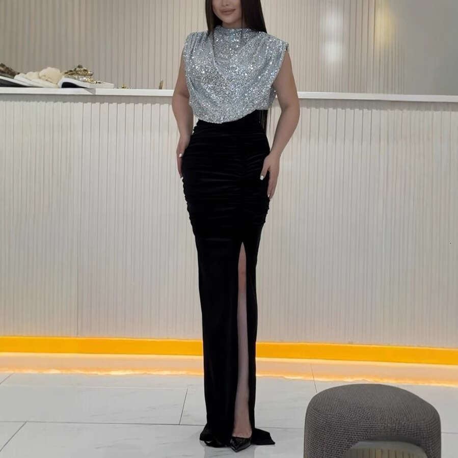 2025 Spring and Autumn New Sequin Patchwork Sleeveless INS Casual Party Slit Night club maxi dress SEXY DRESSES FOR WOMEN