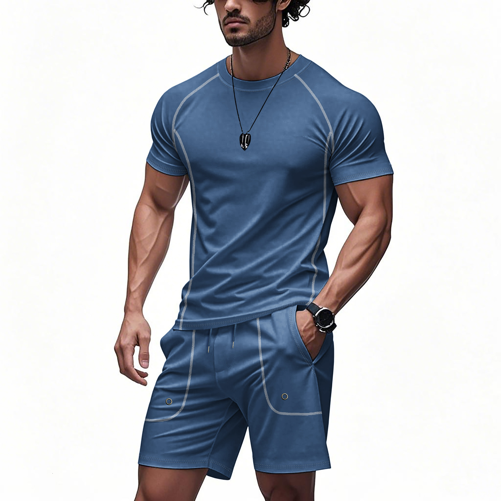 2025 cross level summer new style mens running fitness tight fitting suit set training short sleeved shorts set