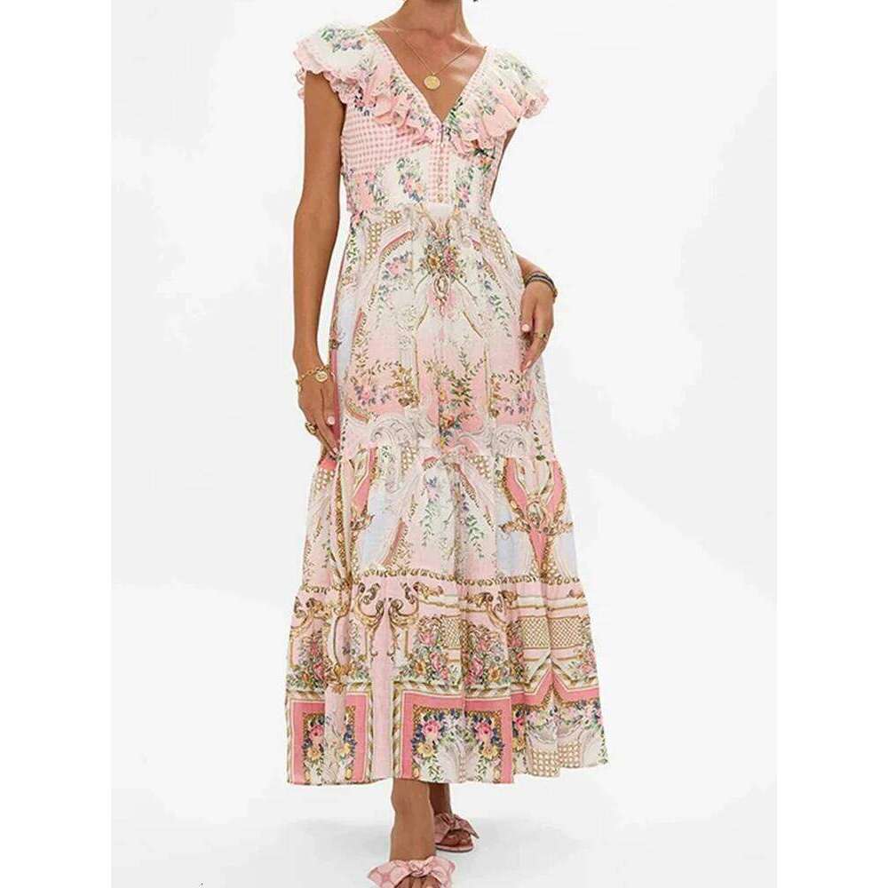Retro Bohemian V-Neck Back Strap Sexy Long Skirt 2025 Summer Women's New Print Design Seaside Holiday Big Swing High Waist Dress