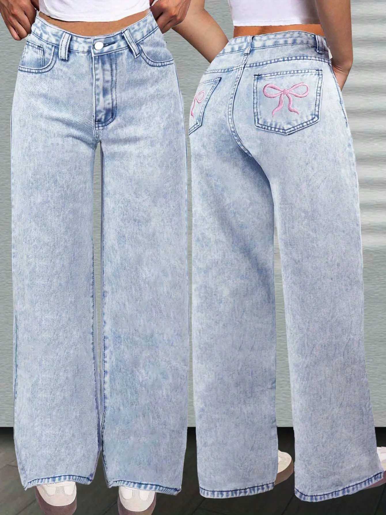 Teenage girls casual simple cute sweet and elegant pocket design pink bow embroidered washed jeans suitable for vacation C251110