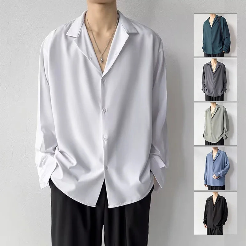 Korean Fashion Mens Shirt Spring Summer Loose Casual Long-sleeved Lapel High Street Male Suit Shirt White Black Gray Green 250409