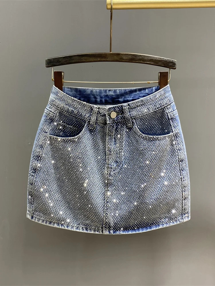DEAT Womens Denim Skirt All Diamond Ultra Thin High Waist Black Aline Package Hip y Mini Spring Fashion 29L1188 250410