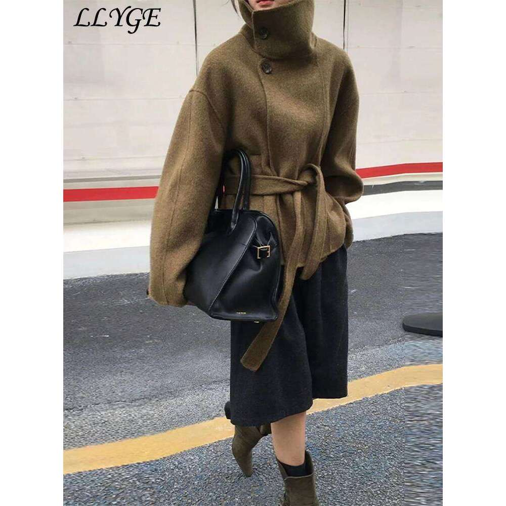 Street Women's Belt Stand Collar Woolen Coats Chic Single Breasted Full Sleeve Jacket 2025 Autumn Winter Lady Commute Outwear