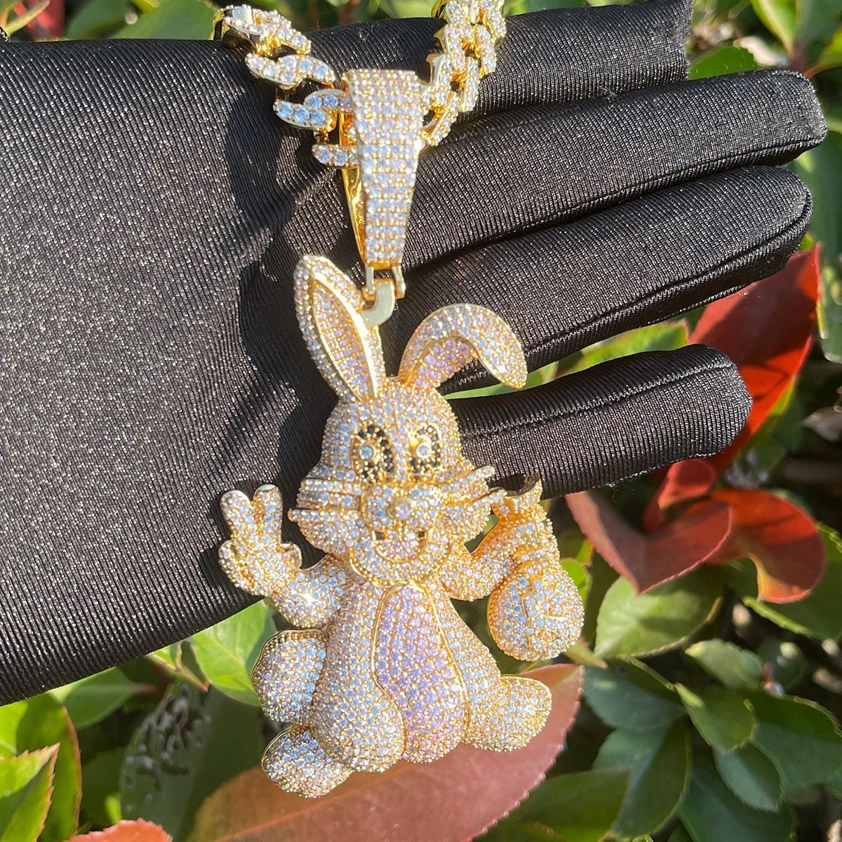 Hip hop cartoon animal bunny pendant necklace for men copper inlaid zircon hip-hop trendy jewelry