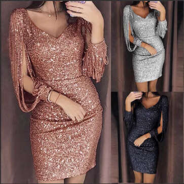 New V-neck Sequin Tassel Long Sleeve Slim SEXY DRESSES FOR WOMEN Bodycon Night club maxi dress