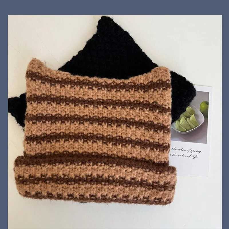 Japanese Beanie Hat Ins Little Devil Striped Knitted Wool Cap Autumn and Winter Cute Cat Ears Pointed Pullover WomensXJ251110