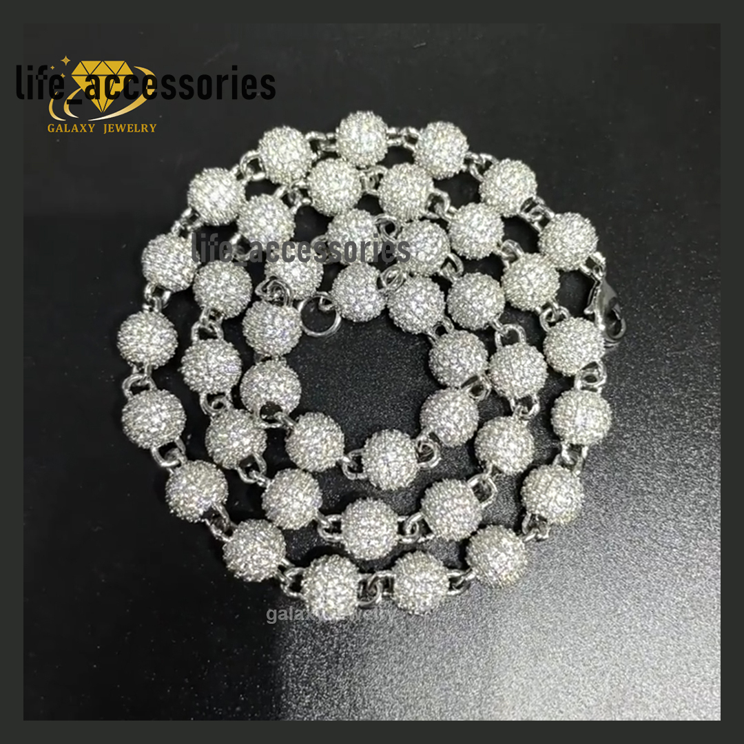 Hip Hop 4mm 6mm 8mm 10mm Pave Micro Moissanite Beads Disco Moon Ball Chain 925 Silver Beaded Bracelet Necklace for Men