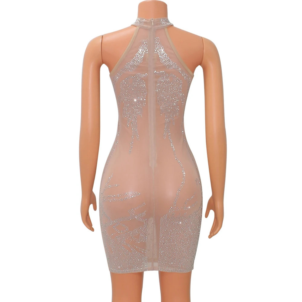 Sexy Mesh Diamond Short Ball Evening Mini Dress See Through Womens Nightclub Party Diamond Tight Dress 250403