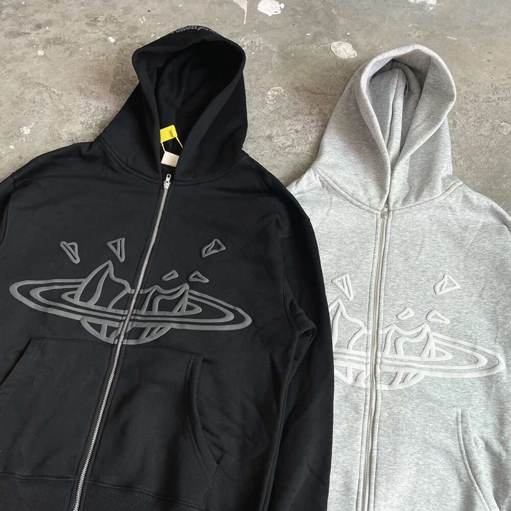 Yao Fashion Broken Brand Foam Print Zipper Casual Streetwear Tops Clothing Oversize Hooded Fleece Vintage Jacket Coat For Men