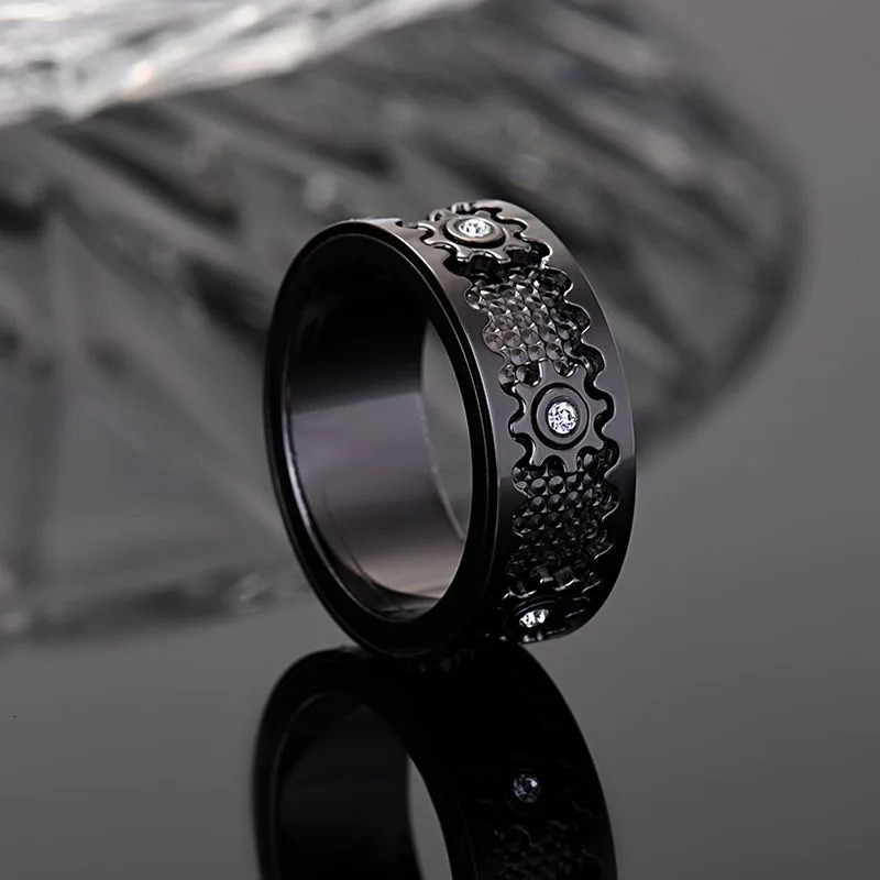 Zircon Inlaid Stainless Steel Gear Ring Creative Double Layer Rotatable Men and Women Party Decor Fashion Jewelry Finger Rings 251110