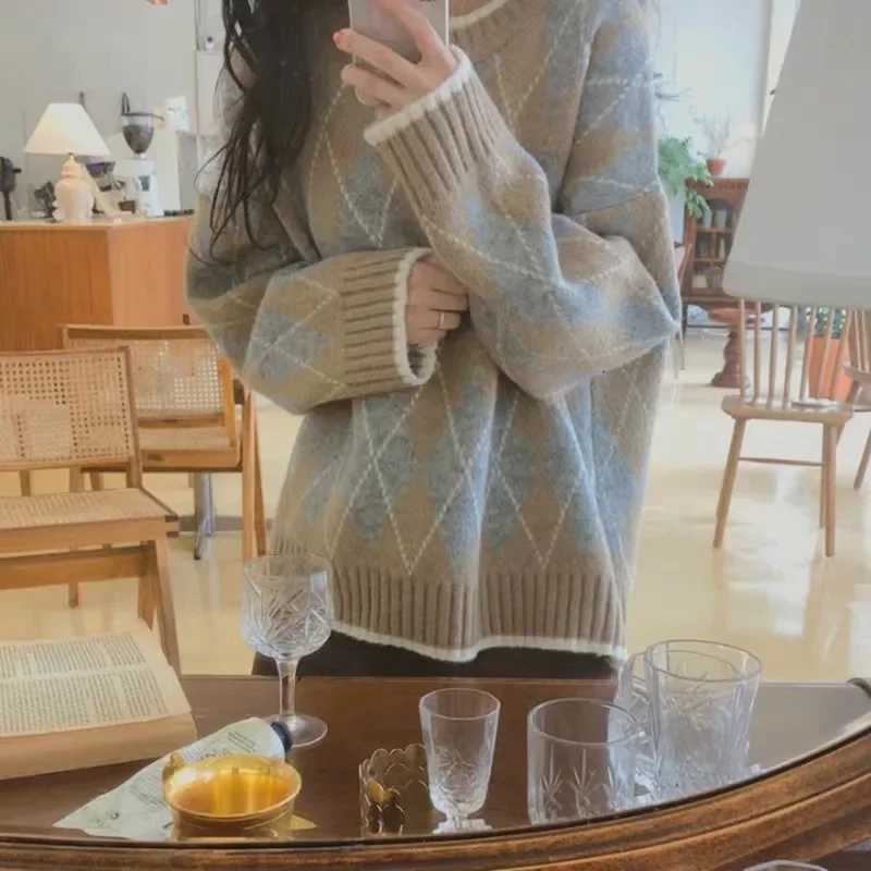 Fashion French Retro O Neck Contrasting Color College Style Womens Pullover Sweater Autumn Winter New Sweet Lazy Style Loose Knit Tops Y251110