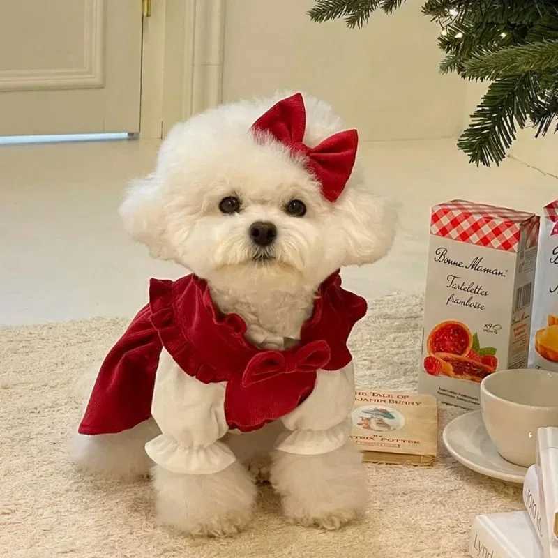 Puppy Bow Knot Dress Set Winter Warm Dog Clothes Pet Christmas Princess Dress Teddy Solid Color Skirt Send Clip J251110