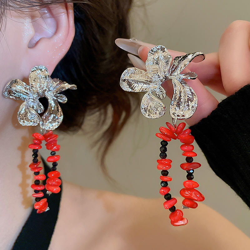 Silver Needle Texture Flower Shell Tassel Light Luxury Niche Design European and American Cross-Border Exaggerated Earrings for Women