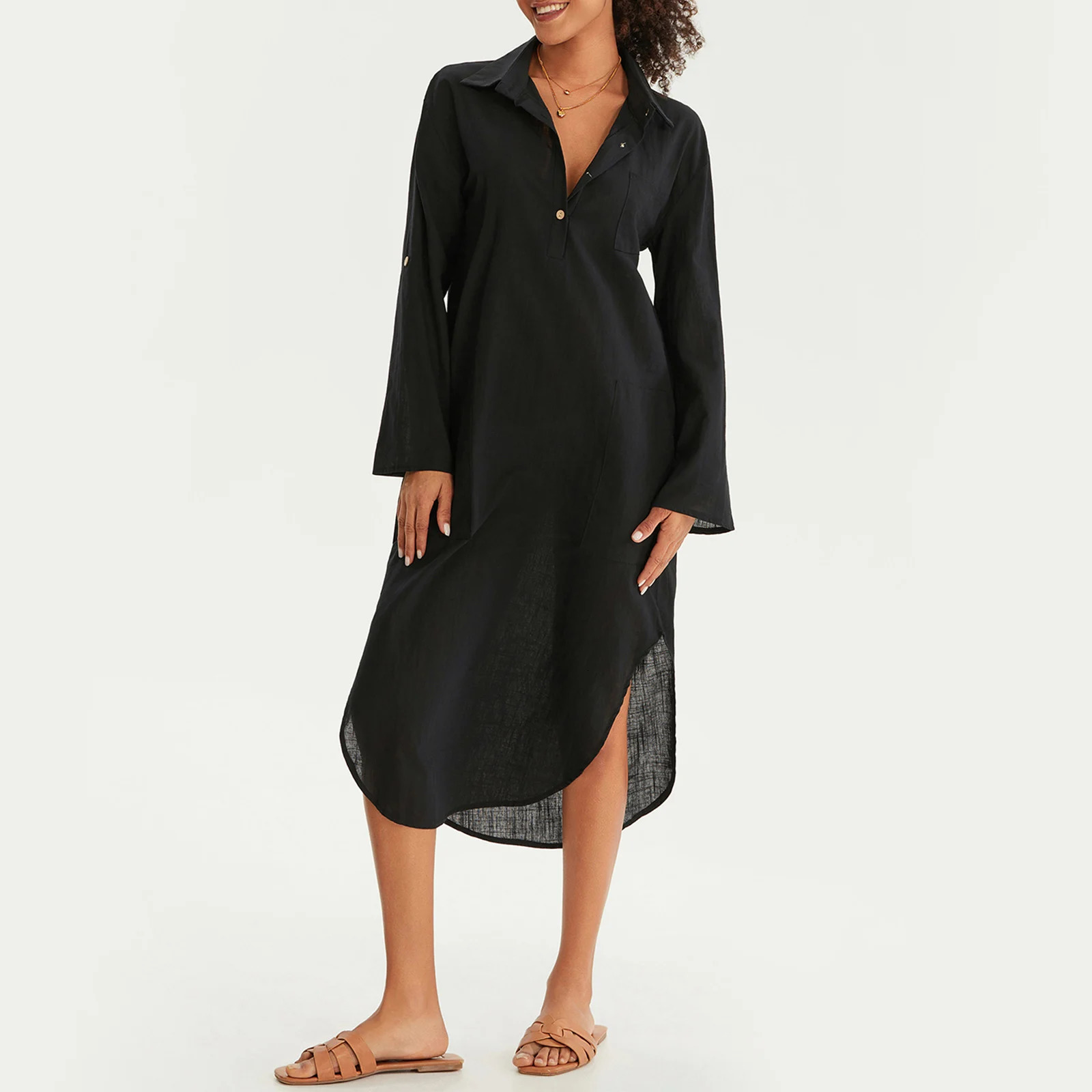 Yiiciovy solid color bikini top Bohemian beach shirt dress casual long sleeved womens lapel side seam swimsuit suit 250408