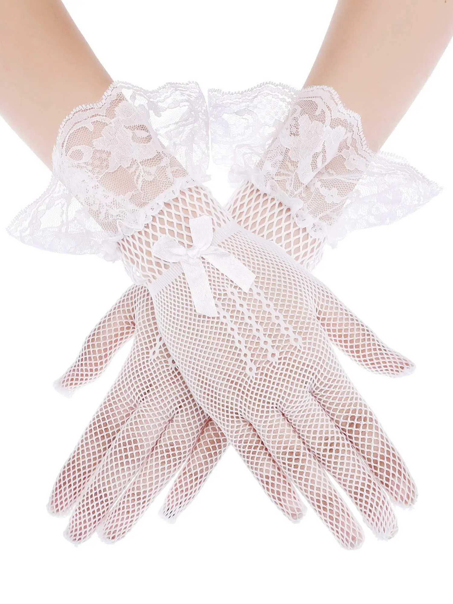Bridal Mesh Gloves Short Full Finger Lace Trim Wedding Gloves Wrist Length Tea Party Gloves for Women and Girls L251110