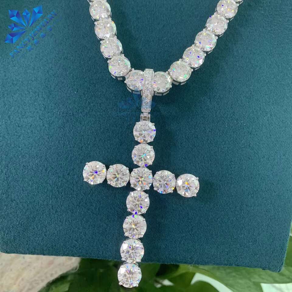 Fashion Style 10mm 925 Solid Silver White Gold Plated Iced Out Hip Hop VVS1 Moissanite Diamond Cross Pendant Chain