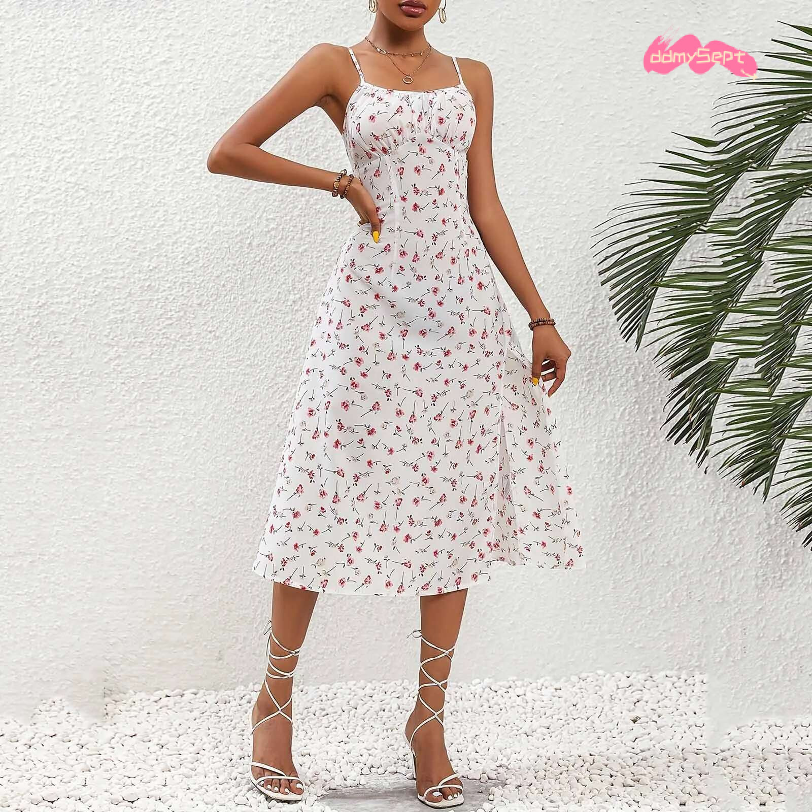Ladies Sexy Red Polka Dot Split ral Suspender Summer New Side Slits Slim Waist Holiday Party Dress Maxi Wraped Dresses ddmySept