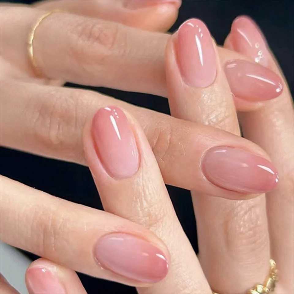 24 pieces/set of simple and fashionable girls short oval shaped pink gradient full coverage wearable fake nails W250410