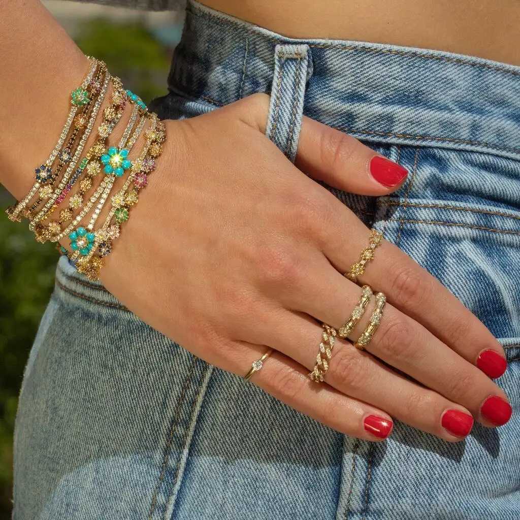 New Fashion Sparking Colorful Rainbow Cz Flower Link Chain Bracelet Women Gold Color Delicate Dainty Charming Romantic JewelryT251110