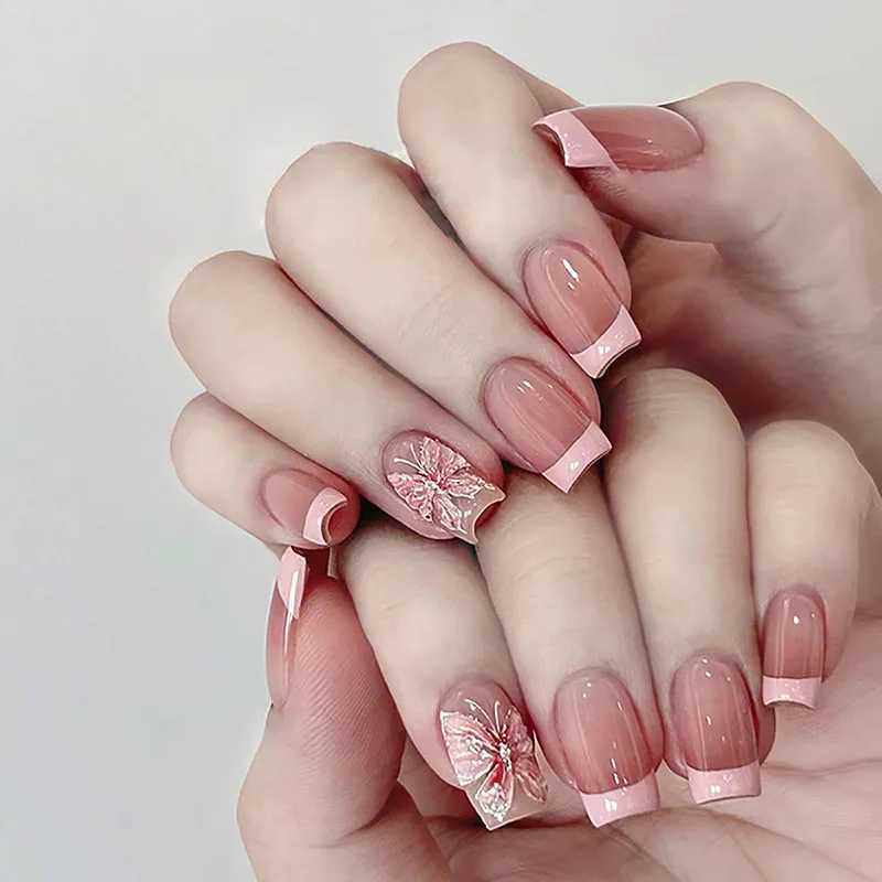 24 pieces of simple French square head pressed on fake nails peach blossom heart fake nails wearable finished products complete set of nail tips W2504
