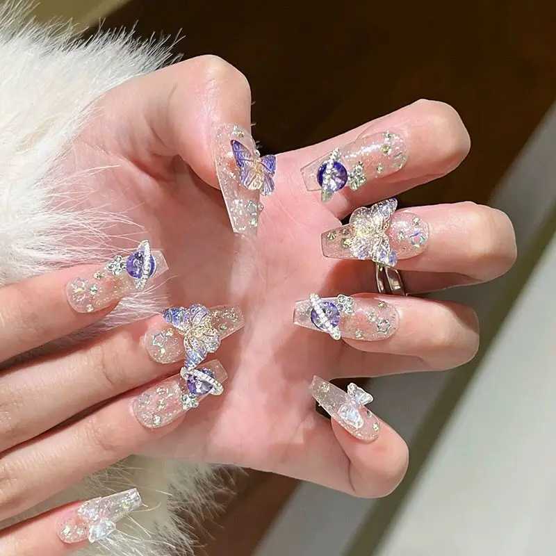 0pcs handmade embossed large planet design fake nails with butterfly art sparkling fake coffin nails diamond wearable tips W250410