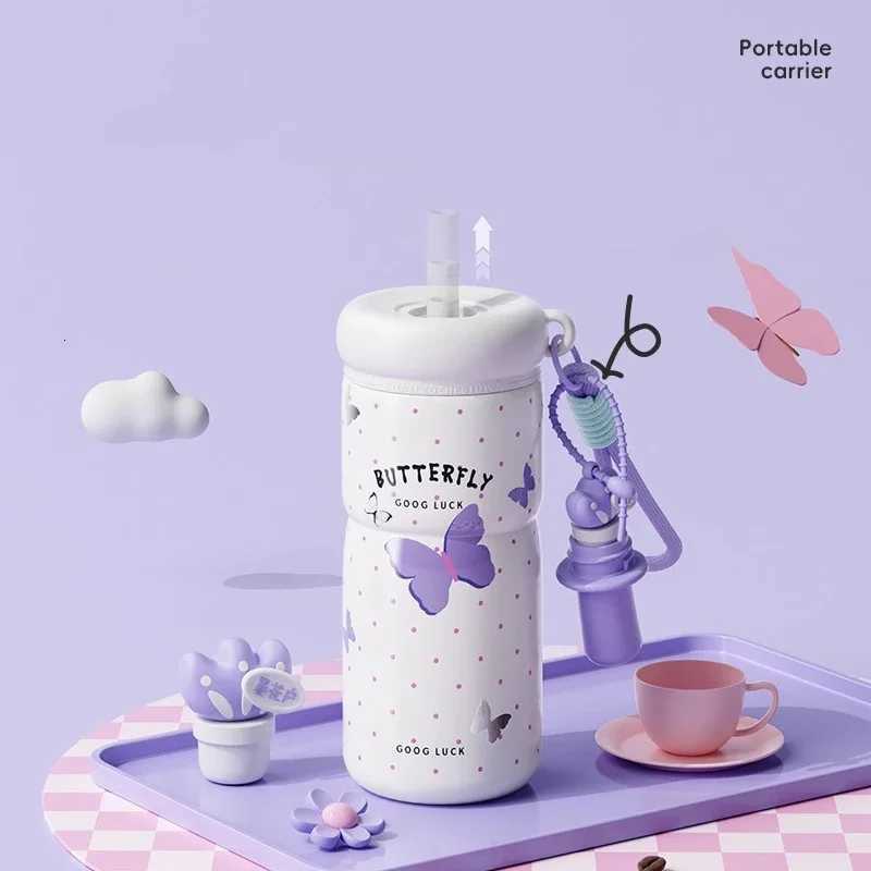 Fashionable cup 680ml Thermos Cup with Straw Stainless Steel Ceramic Inner Insated Cup Cartoon Travel g Portable Water Bottle Y251110