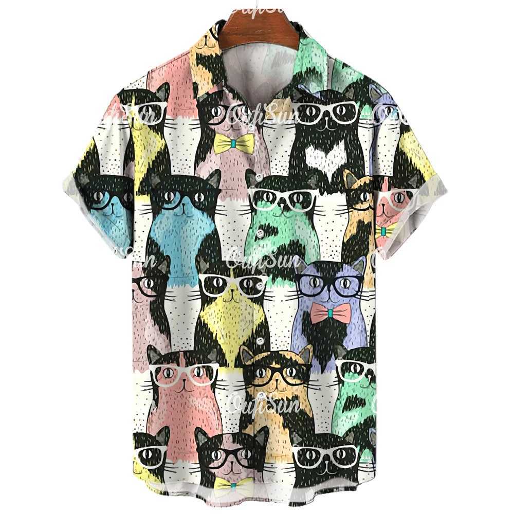3D lapel Hawaiian mens casual short sleeved anime shirt mens summer mens street retro animal cat X250410