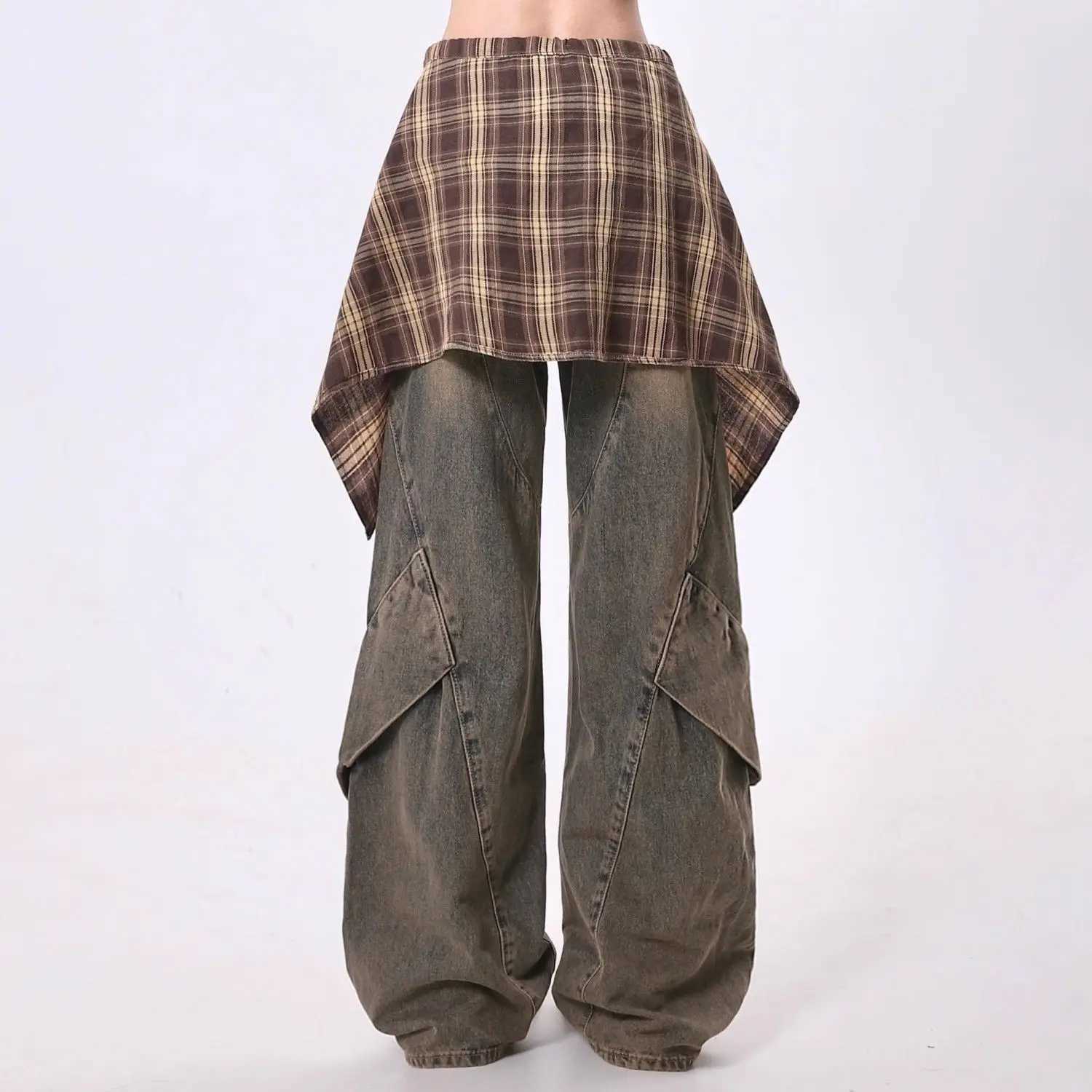 American Vintage Jeans for Women Fake Two Pieces with Skirt Autumn New Loose Spicy Girl Streetwear Straight Wide Leg Pants C251110