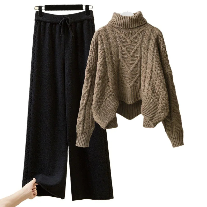 Sweater Suit Women Knitting 2 Piece Sets Pullover Top Jumper Turtleneck Wide Leg Pants Ensemble Winter Thick Knitwear Outfits 251110