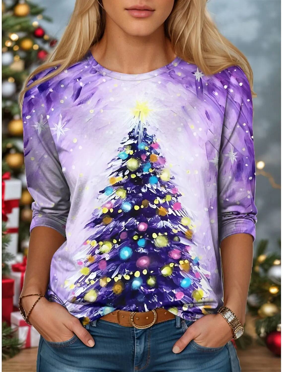 Ddmytues Christmas Theme 3D Print Trees O-Neck Long Sleeve T-Shirt Fashion Womens Casual Y2k Clothes Haruku Female Clothing