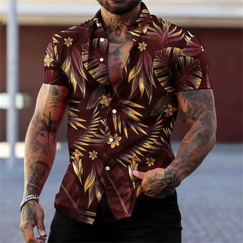 Mens Black Gold Flower Shirt Summer Plant Printed Collar Shirt Hawaiian Style Beach Short Sleeve Button X250410