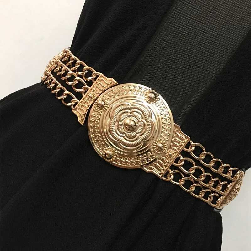 Womens floral elastic gold chain strap Fem waist gold metal flower design strap Womens dress elastic Cummerbundles X250410