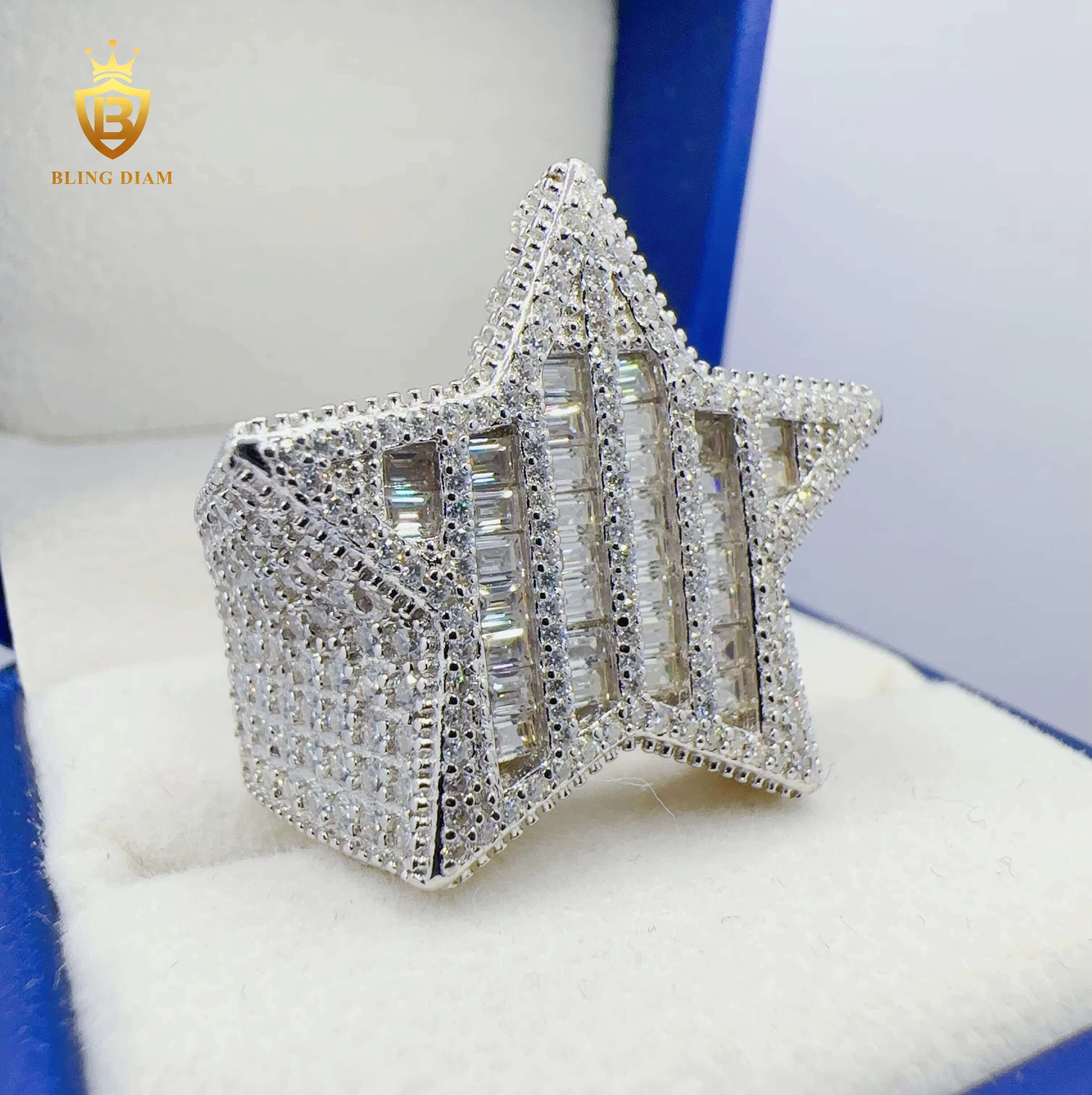 Pass Diamond Tester VVS Moissanite Pentagram Design Hip Hop Ring 925 Sterling Sliver Fashion Ring