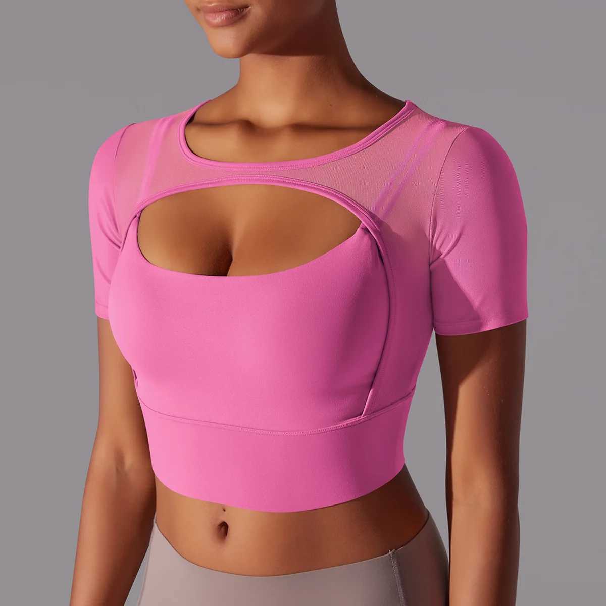Gutashye Solid Color Patch Mesh Sexy Double Short Sleeve Strap Bra Running Fitness Yoga Exercise Breathable Quick DryingXJ250410
