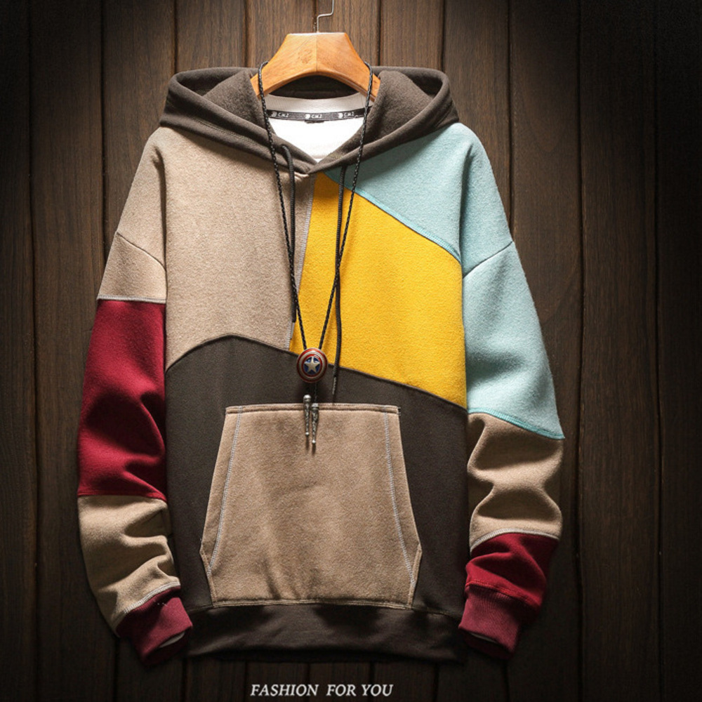 Fleece-lined Pullover Youth Trend Lined Patchwork Hoodie Couple Casual Top Hooded Color Block Sweatshirt