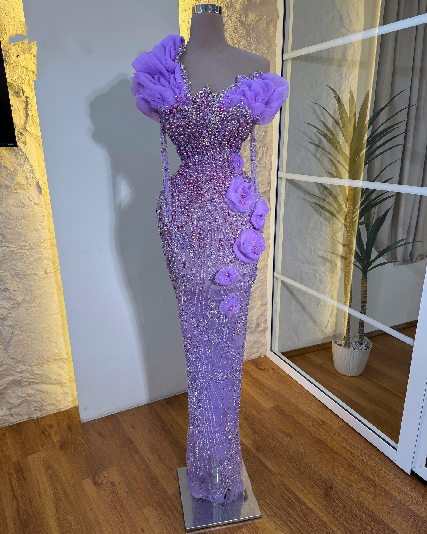 Lilac Pearls Mermaid Party Evening Dress 3D Flower Appliques Woman Prom Dresses Gowns cerimonia Robe de soiree Customized