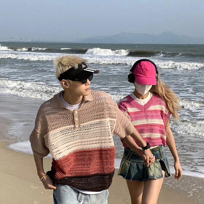 TFETTERS Korean Hollow Out Men Sweater 2025 Summer Turn Down Collar Striped Knitwear Man Beach Streetwear Couples Clothes 250407