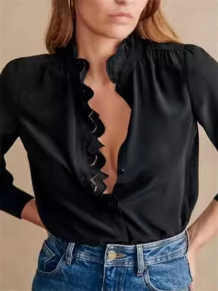 Women Embroidery Lace Trim French Blouse Stand Collar Ladies Single-Breasted Shirt and Tops 250409
