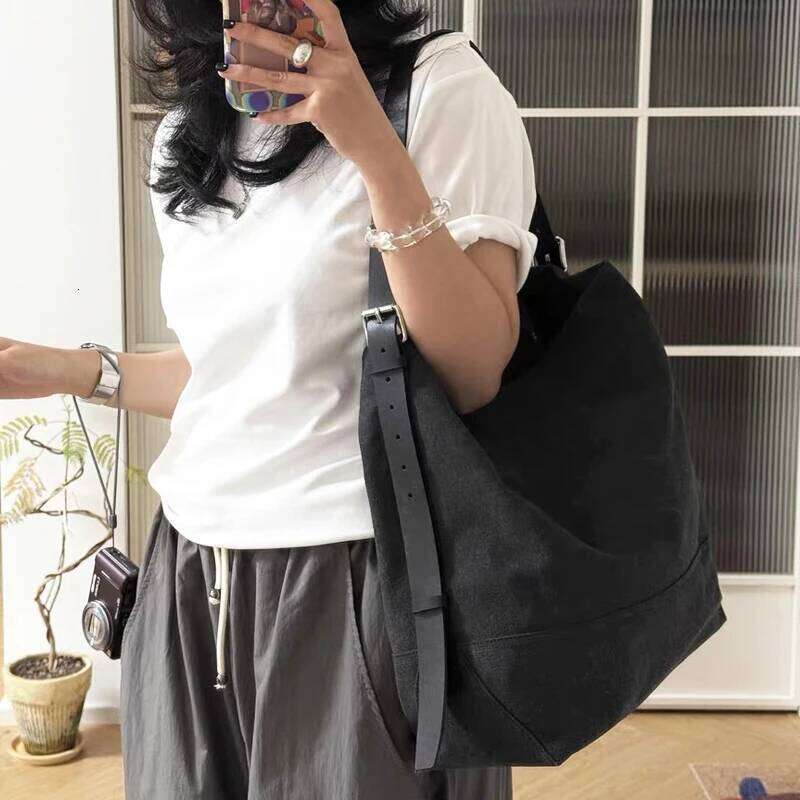 Korean Casual Tote Bags For Women Luxury Designer Handbag Purse 2025 New In Canvas Genuine Leather Strap Underarm Cloth Shoulder