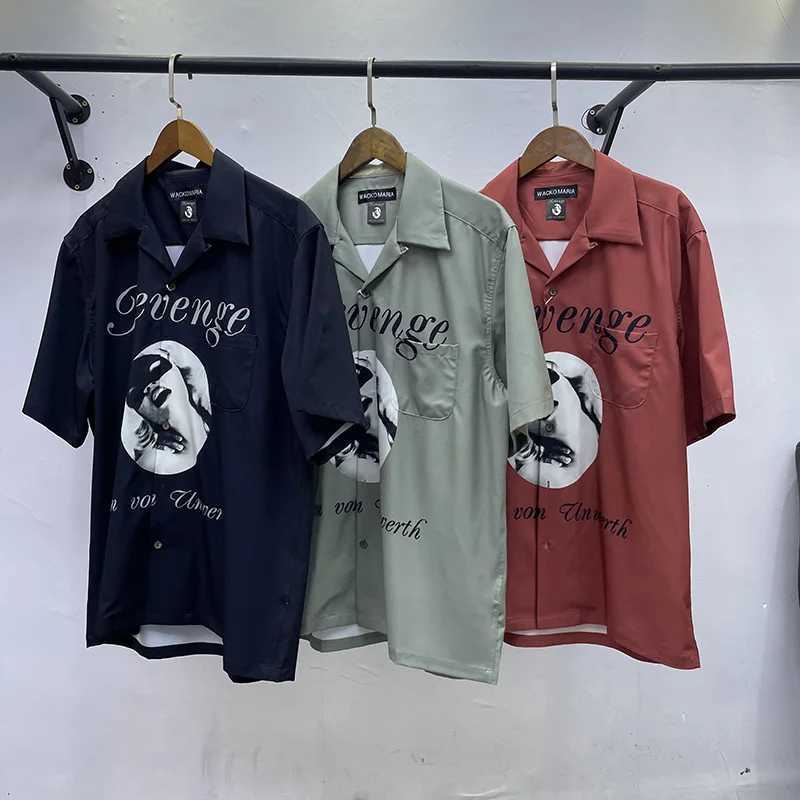 25SS Hawaii WACKO MARIA Mens Retro Loose Black Grey Red Long Sleeve Collar Top Summer X250410